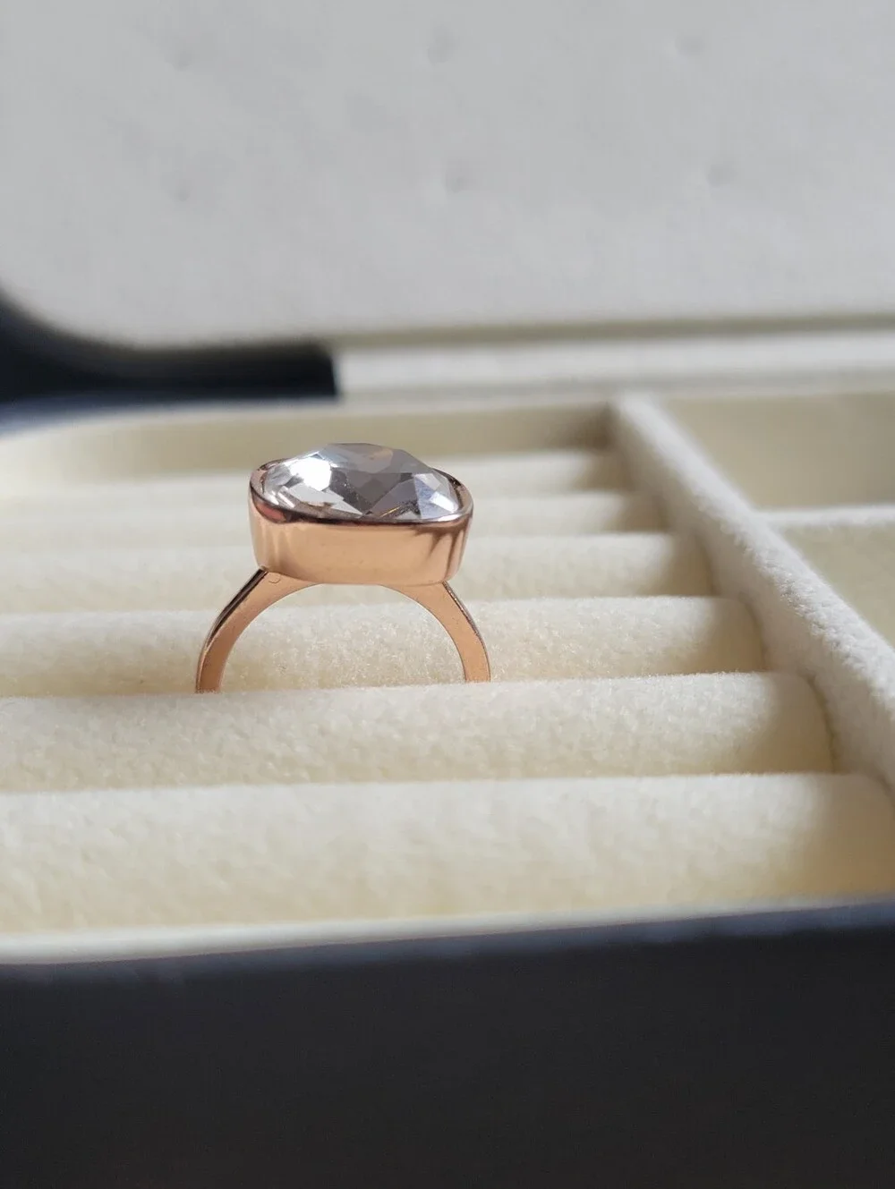 Premier Designs Ring, Rose Goldtone with Bevel Set Cushion Cut Crystal, Size 4.5